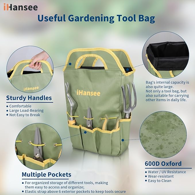 Set of 12 Garden Tool iHansee Heavy-Duty Aluminum Gardening Hand Tools with Rubber Non-Slip Handle Garden Apron Gloves Kneeling Pad and Storage Bag Garden Hand Tools Starter Kit Landscaping Tools