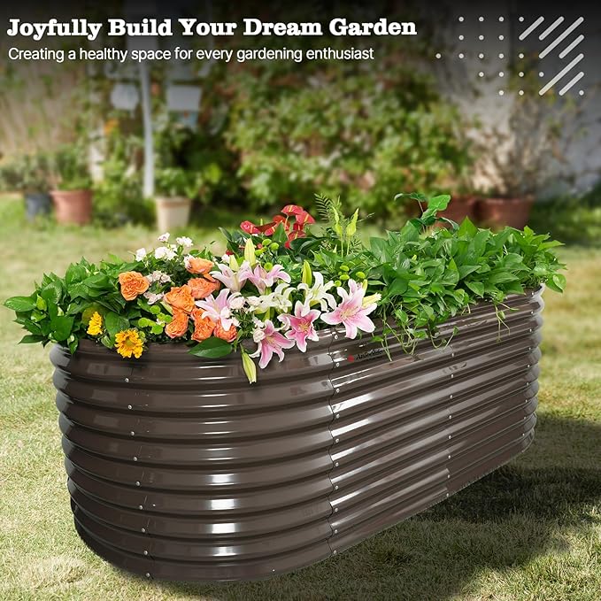 A ANLEOLIFE 30 Extra Tall Galvanized Raised Garden Beds Outdoor 8x4x2.5ft Oval Metal Planter Boxes for Planting Vegetables Flowers Fruits Eco-Safe &amp Easy Setup CaféBronze