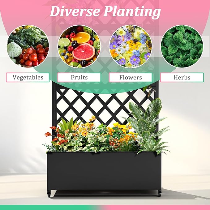 Metal Raised Garden Bed with Trellis for Climbing Plants Vegetable VinesMetal Planter Box with Trellis 73x35x16Trellis with Planter Box &amp Privacy ScreenRaised Garden Bed On Wheels(Black)