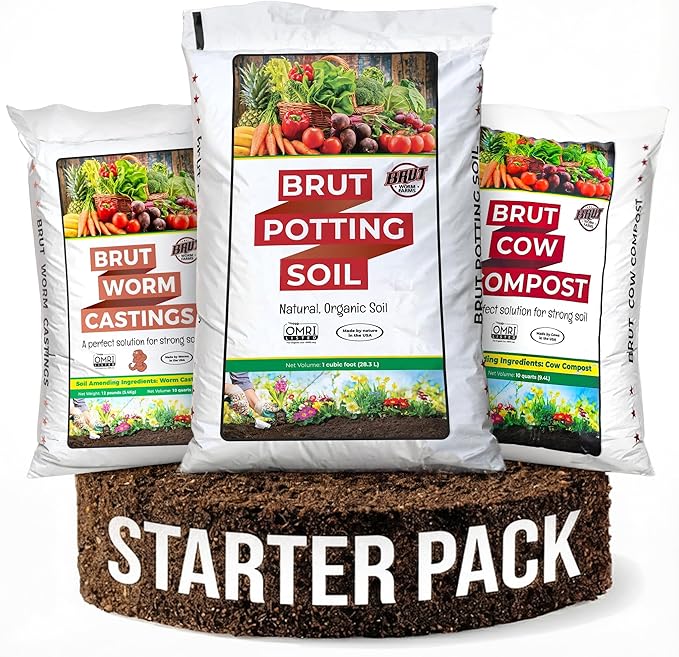 Brut Farms Organic Starter Pack Trio – All-Natural Potting Soil Nutrient-Rich Worm Castings &amp Additive-Free Cow Manure Compost – Safe for Indoor and Outdoor Plants - Gardening for Beginner
