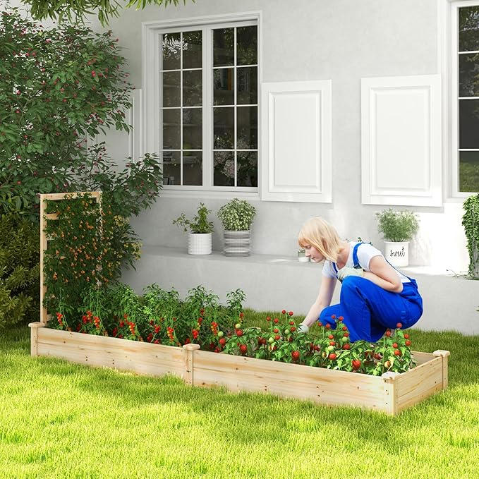 MAT EXPERT Raised Garden Bed with Trellis Natural Fir Wood Planter Box Outdoor for Vegetables &amp Flowers Fruits Cucumber Open-Ended Bottom Raised Flower Bed for Garden Patio Yard