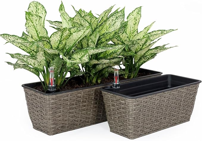 2 Pack Self Watering Planter Hand Woven Wicker Rectangular Dark Gray