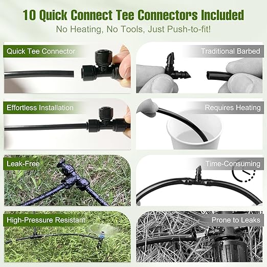 100FT 1/4 Inch Drip Irrigation Tubing with 10 Pack Push-to-Connect 1/4 Tee Connectors Distribution Drip Line Hose &amp Universal Tee Fitting for Drip Irrigation Parts or Drip System and Misting Sy