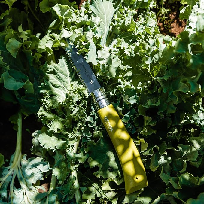 Opinel 3 Piece Gardening Tool Set - No. 12 Folding Saw No. 8 Pruning Knife No. 8 Garden Knife - Vibrant Painted Handles Stainless Steel and Carbon Steel Blades - Made in France
