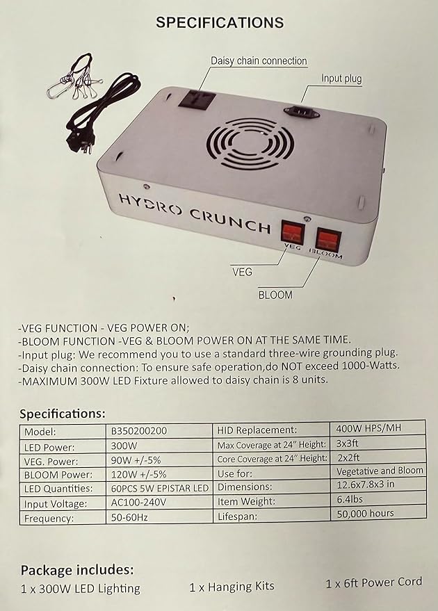Hydro Crunch Dual Switch LED Grow Lights with High Yield Diodes Full Spectrum LED Grow Lights for Indoor Plants Greenhouse Veg Bloom Light Hydroponic Grow Lamp (300 W) Four Lights are Included