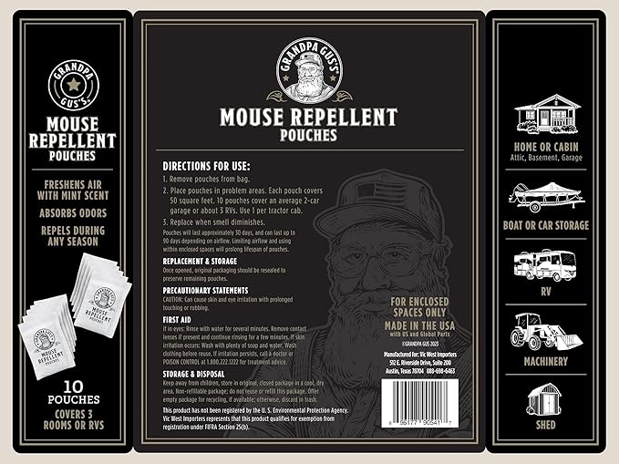 Grandpa Gus’s Extra-Strength Mouse Repellent Pouches Peppermint &amp Cinnamon Oil Natural Rodent Deterrent Control for Garage RV Car Basement Attic Storage 1.75 Oz (Pack of 10)