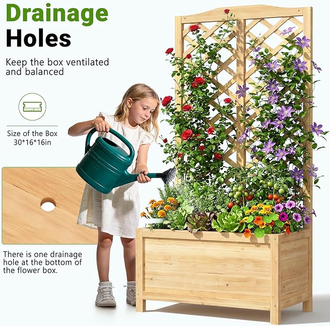DoCred Raised Garden Bed with Trellis 30 L x 16 W x 59 H Elevated Freestanding Planter Box for Climbing Plants Outdoor Wooden Privacy Screen with Garden Box for Backyard Patio Balcony Decor