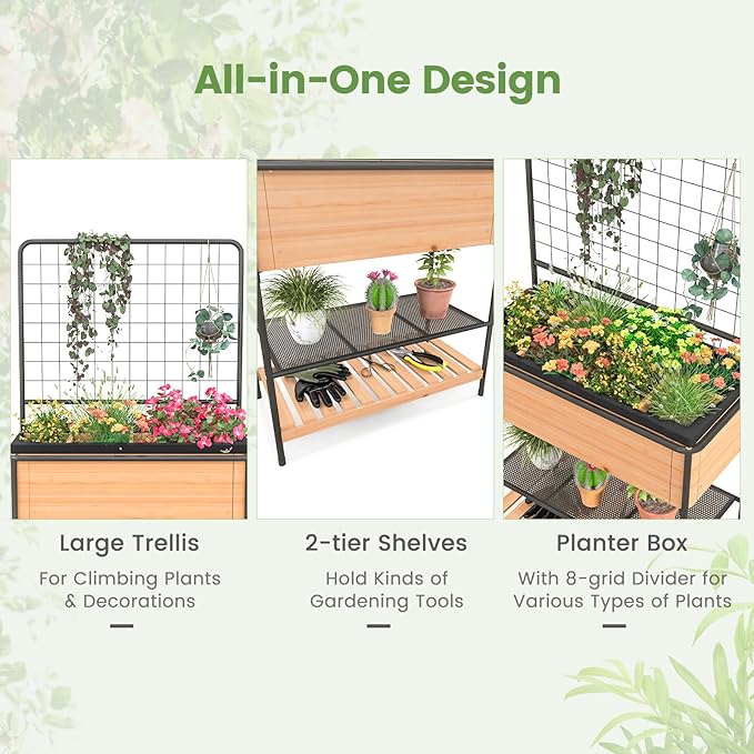 Giantex Raised Garden Bed with Trellis Elevated Wood Metal Planter Box with 2-Tier Storage Shelves Grid Divider Drain Hole &amp Black Liner Freestanding Garden Planter for Herb Vegetable Fruit Fl