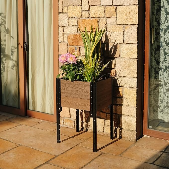 Everbloom Modular Elevated Wood Plastic Composite Planter Box in Brown 19 D x 17 W x 28 H –Architecturally Designed Premium Planter for Flowers Herbs &amp Veggies - Elevate Your Gardening Experi