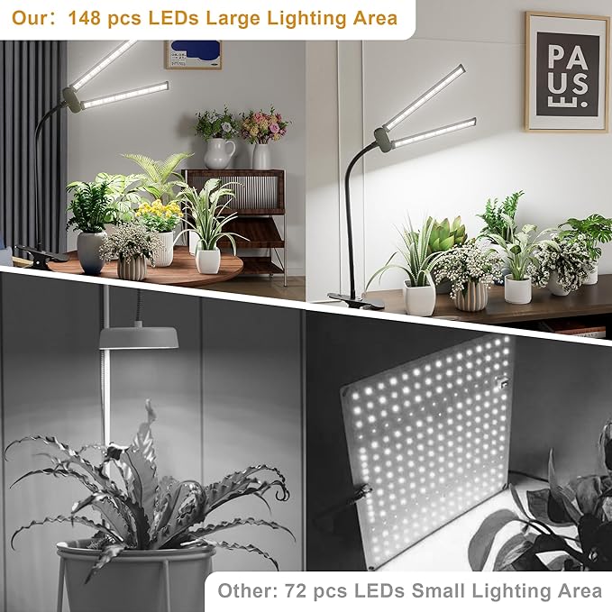 Juhefa LED Grow LightSuper Bright 6000K White Full Spectrum Clip Plant Growing Lamp with Rotatable Dual Head for Indoor Desk PlantsDimmable &amp Timer 4/8/12HHigh Power Output for Faster Growth1-