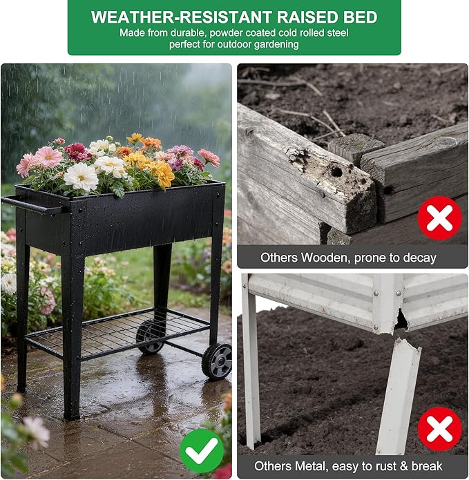 Elevated 32 Tall Raised Garden Bed with Legs and Wheels for Mobility Metal Planter Boxes Outdoor with Shelf Raised Bed for Gardening Vegetables/Herbs Backyard Patio Balcony Black