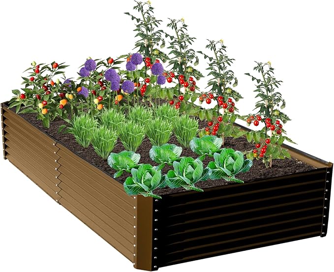 Domi 8x4x2ft Metal Raised Garden Beds Outdoor Thickened Galvanized Steel Deep Root Planter Box with Stabilizing Bars &amp Rubber Edging for Vegetables Flowers Herbs - Brown