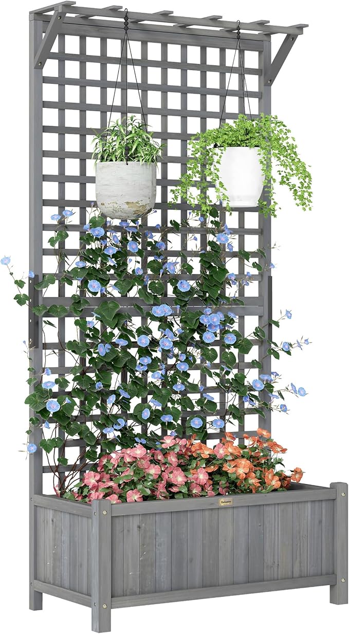 Outsunny Wood Planter with Trellis Raised Garden Bed for Climbing Plants w/Drainage Holes and Roof 35.5 x 17.75 x 72 Dark Gray