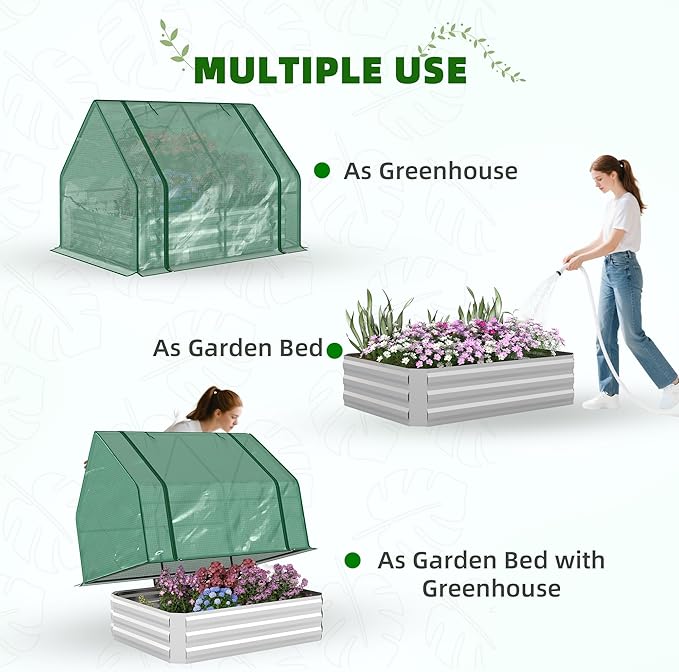 Outsunny 4 x 3 x 3ft Raised Garden Bed with Mini Greenhouse Galvanized Raised Garden Bed with Cover for Herbs and Vegetables Small Greenhouse for Patio Garden Balcony Green