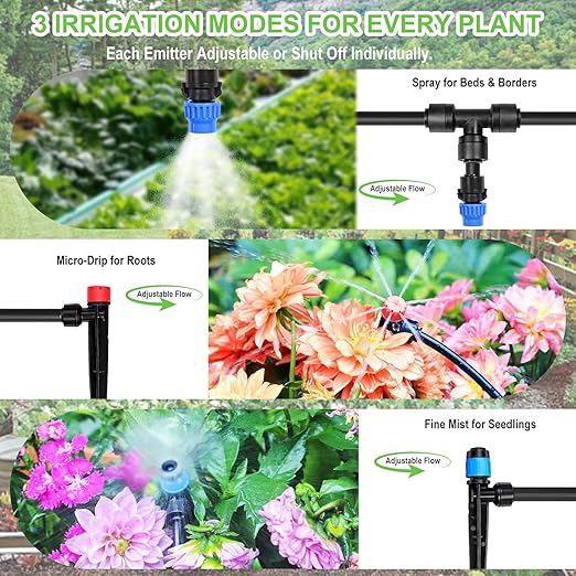 230FT Drip Irrigation System Kit Quick Push-to-Connect Garden Watering System with 1/2'' &amp 1/4'' Tubing Adjustable Drippers &amp Sprayers Auto Irrigation System for Raised Bed Lawn Greenhous