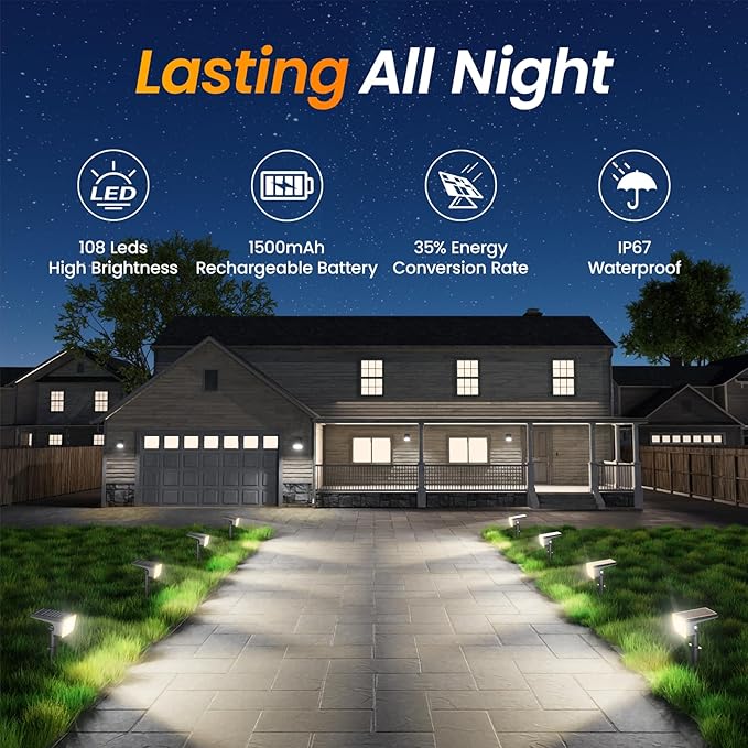 Fabrito Solar Spot Lights Outdoor 10 Pack [108Leds 4 Modes] Auto On/Off Spotlights IP67 Waterproof Landscape Lights for Tree Yard Patio Pool Pathway Driveway Warm White