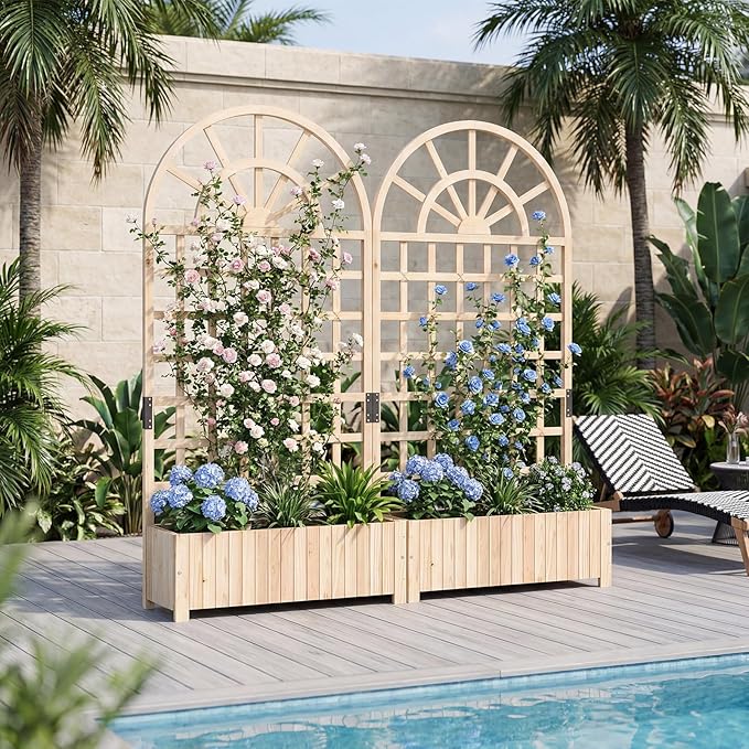 Happygrill Wooden Raised Garden Bed with Trellis Outdoor Planter Box with Drainage Holes Privacy Screen Natural Fir Wood Elevated Garden Bed for Climbing Plants Flowers (2 Natural 36''x12''x71'')