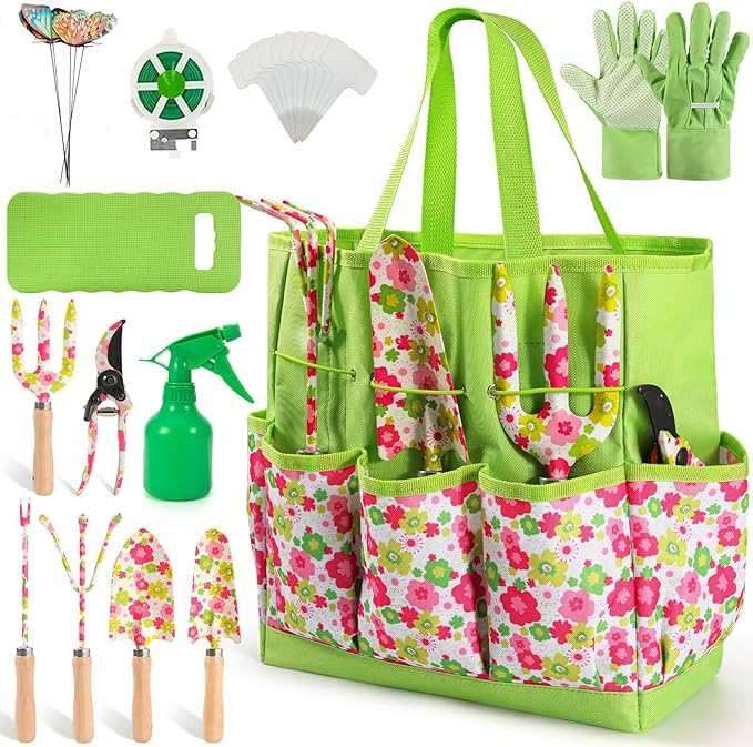 Heavy Duty Floral Gardening Tools Kit - 26PCS Gardening Tool Set with Non-Slip Rubber Handle Complete Gardening Tool Bag Set for Women