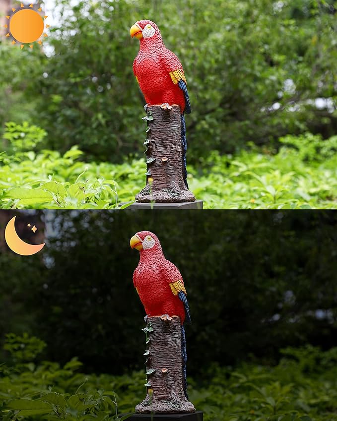 Techko Decorative Red Parrot Outdoor Garden Statue Waterproof Solar LED Spotlight Tropical Tiki Decor