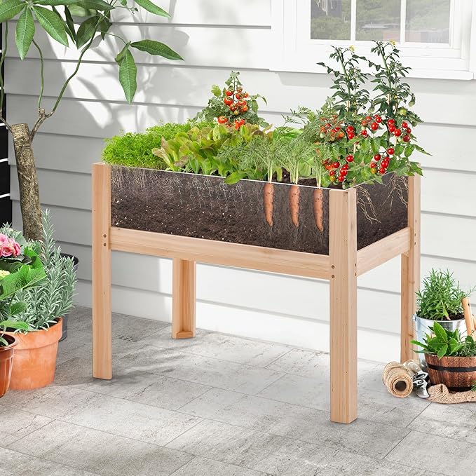 HAPPYGRILL Raised Garden Bed with Legs 24” Elevated Planter Box with 2 Acrylic Panel Sides Drain Holes Movable Beds Plant Terrarium w/Stand Planter Raised Beds for Vegetables Fruits Herbs