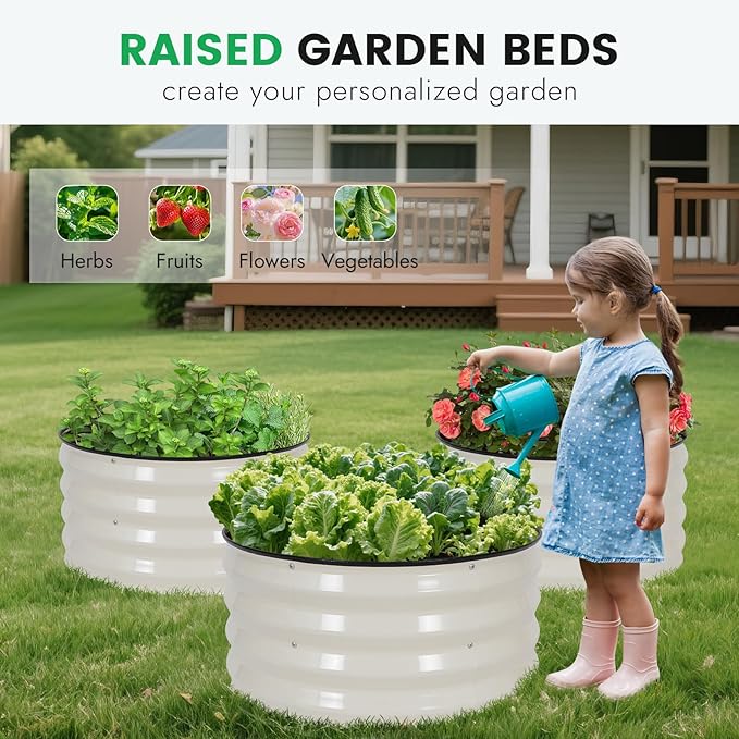 INNO STAG 3 Pcs Round Galvanized Raised Garden Bed — 2×2×1ft Planter Box Outdoor Raised Beds Kit for Gardening Vegetables Fruits Herbs and Flowers White