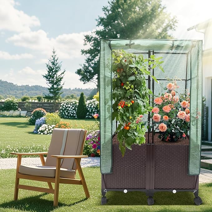 MAYOLIAH 3-in-1 Raised Garden Bed Large Planter Box with Trellis &amp Cover on Wheels Plastic Tomato Planter with Greenhouse for Deep Rooted &amp Climbing Plants 31.5x15.7x53-inch Brown