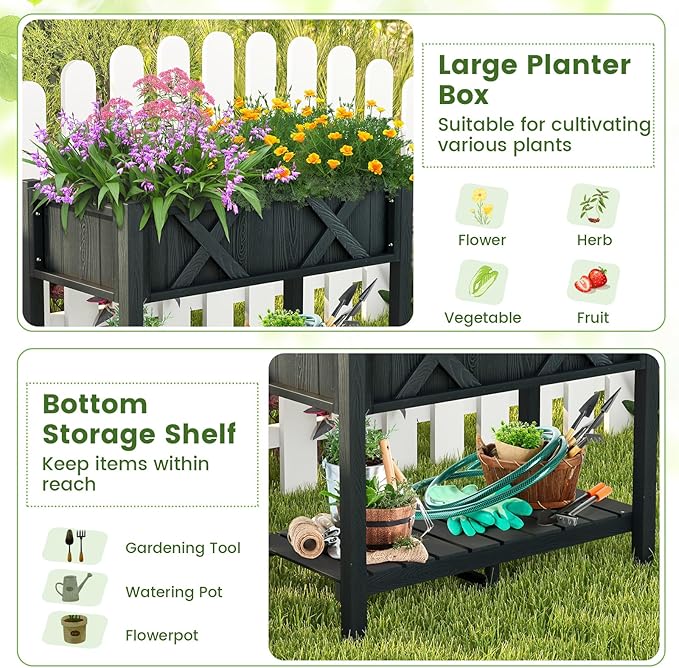 Giantex HIPS Raised Garden Bed Elevated Planter Box w/Legs Storage Shelf Drainage Holes Weather-Proof Standing Raised Beds for Backyard Balcony Flower Vegetable (Black 34 x 18 x 29)
