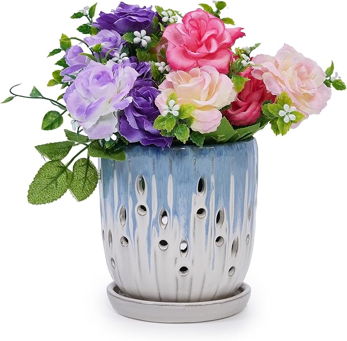 Handmade Blue White Gradient Ceramic Planter Set (7.48×8.07 5.51×6.1) IndoorOutdoor Flower Pot for Orchids Succulents on Windowsill Breathable with Drainage Holes