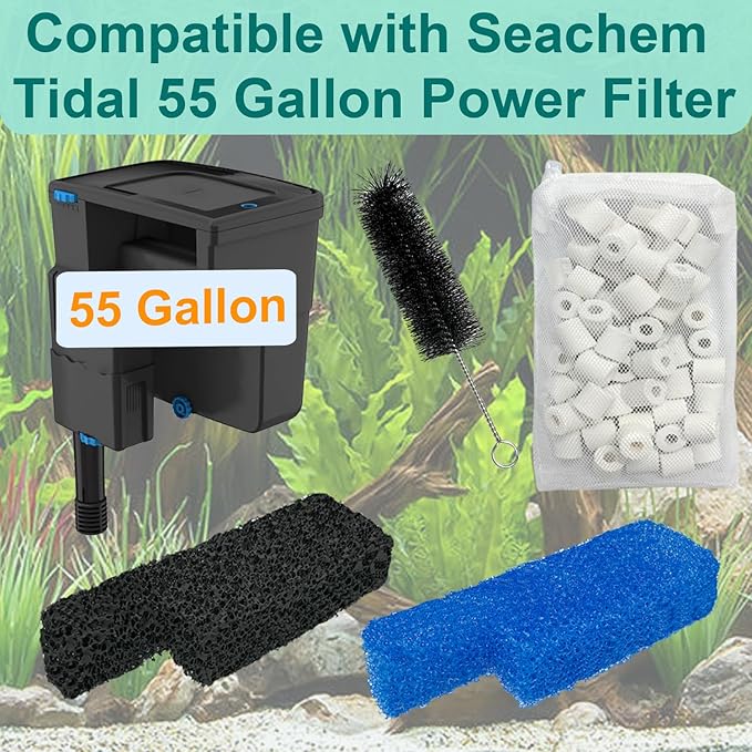 17 Set Aquarium Filter Media Replacement Kit Compatible with Seachem Tidal 55 Gallon (200 Liters) Large Aquarium Fish Tank Filter Includes Brush Carbon Sponge Ceramic Rings Blue Foam Filters