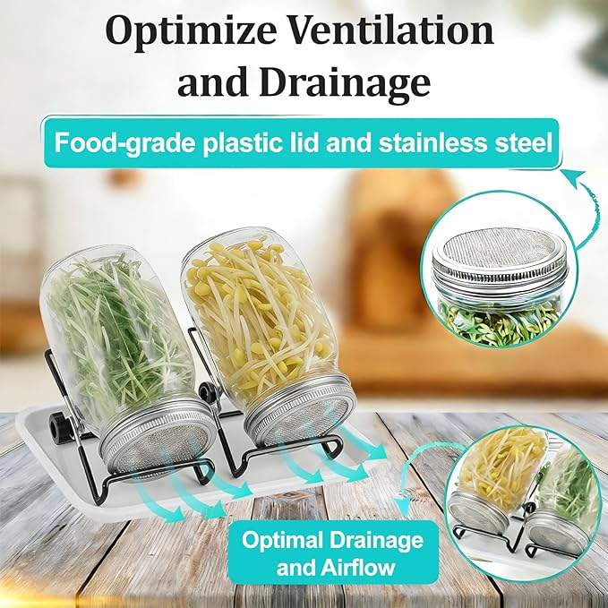 Seed Sprouting Kit 2 Large 1000ML Wide Mouth Mason Jars with Sprout Lids Drain Tray Stainless Steel Stand Cleaning Brush Sprouts Growing Kit for Sprouts Bean Broccoli