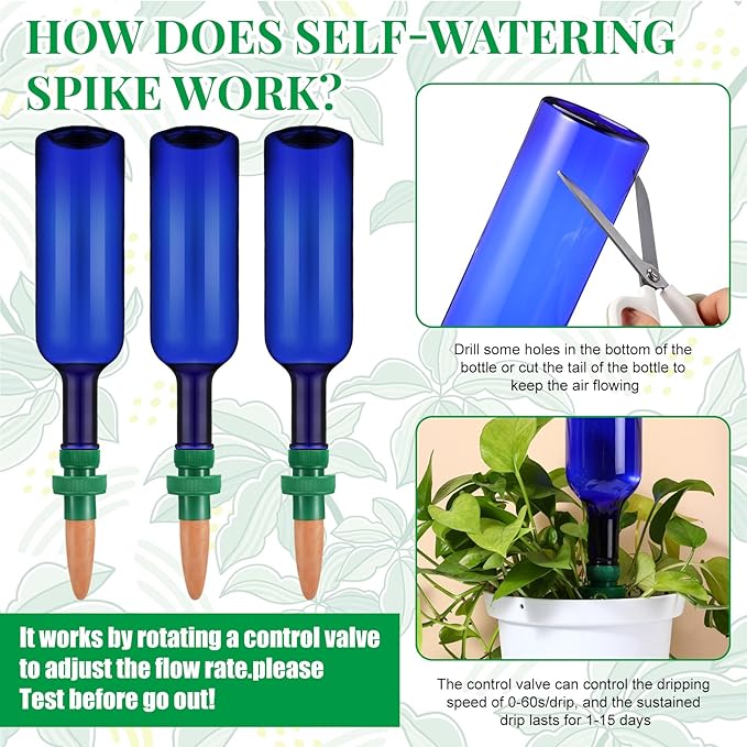 8 Set Plant Watering Devices Include Self Watering Spikes and 26 oz Plastic Bottles Plant Waterer Devices with Adjustable Control Valve Switch Indoor Outdoor (Blue)