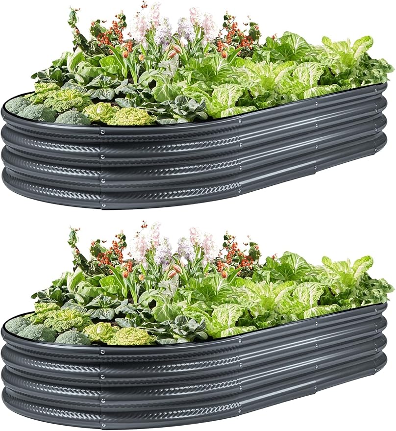 2 Pack Raised Garden Bed Kits 4x2x1FT Gray Oval Galvanized Outdoor Planter Beds Easy Assembly Metal Raised Bed for Vegetables Flowers &amp Herbs