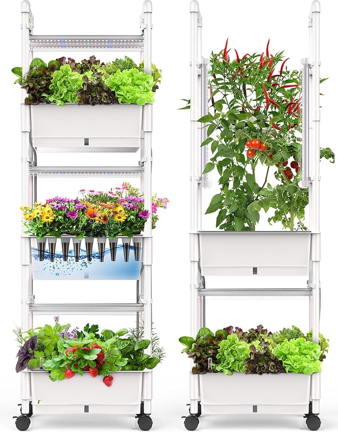 Hydroponics Growing SystemAOONEG 42Pods Indoor Herb Garden with LED Grow LightHydroponics Growing System Kit with Automatic TimerPump SystemAdjustable Height (No SeedGlossy White 3Layer-42Pods)