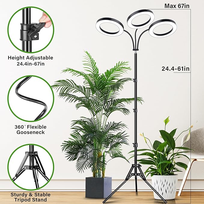 LORDEM Grow Light for Indoor Plants 7.9 Diameter Tri-Head Plant Light for Plants Growing Full Spectrum Growth Lamp with Auto Timer 3/6/12H 4 Dimmable Levels 3 Lighting Modes Adjustable Stand