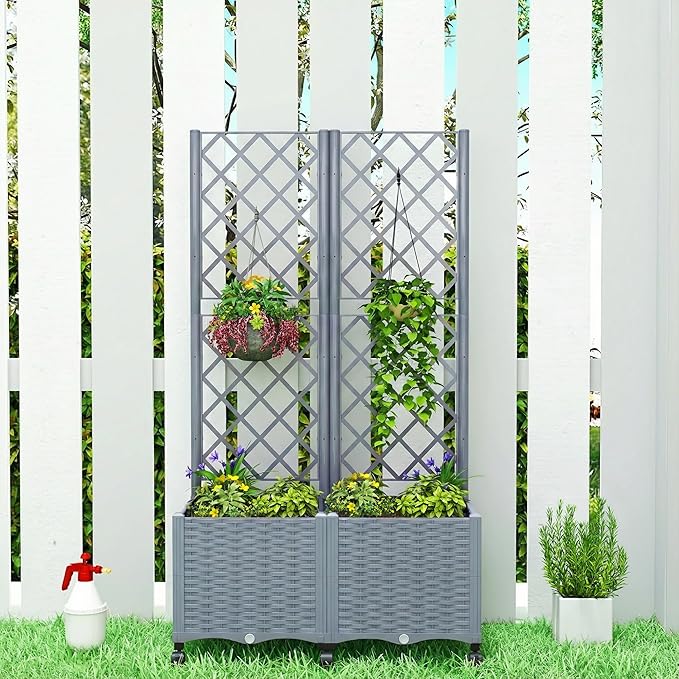 Outsunny Planter Box with Trellis Self Watering Raised Garden Bed with Lockable Wheels 56.3 Trellis Privacy Planter with Drainage Holes for Climbing Plants Vines Vegetables Flowers Gray