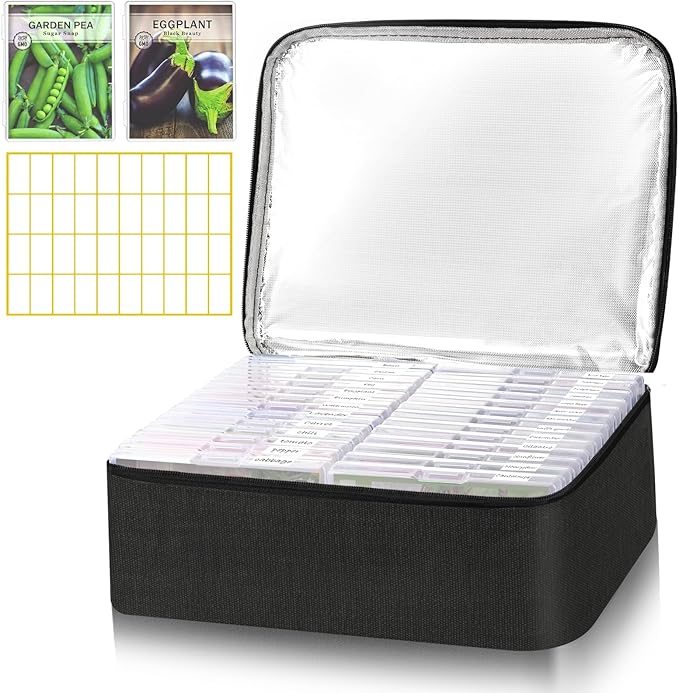 26 Slots Seed Storage Organizer Box with Insulated Bag That Holds 80-200 Seed Envelopes Oxford Cloth Garden Seed Containers with Labels Seed Packet Organizer for Plant Flower Vegetable Seeds