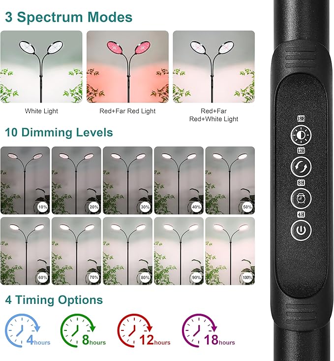 Dual Head Grow Light for Indoor Plants Full Spectrum Floor Standing Plant Light Remote Control &amp 4/8/12/18H Timer 3 Modes 10 Dimmable Levels Stable Base for Tall Plants Succulents Herbs Black