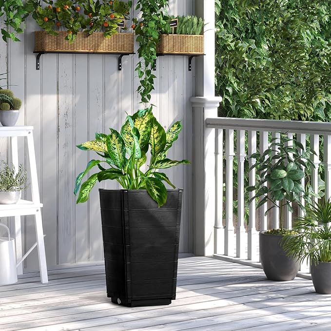 2 Pack Outdoor Garden Flower Standing Planter BoxOutdoor Tall Plastic Planter SetIndoor Outdoor Flower BedVertical Flower Pot Standwith Drainage Holesfor Patio Porch Yard Balcony (Dark Brown)