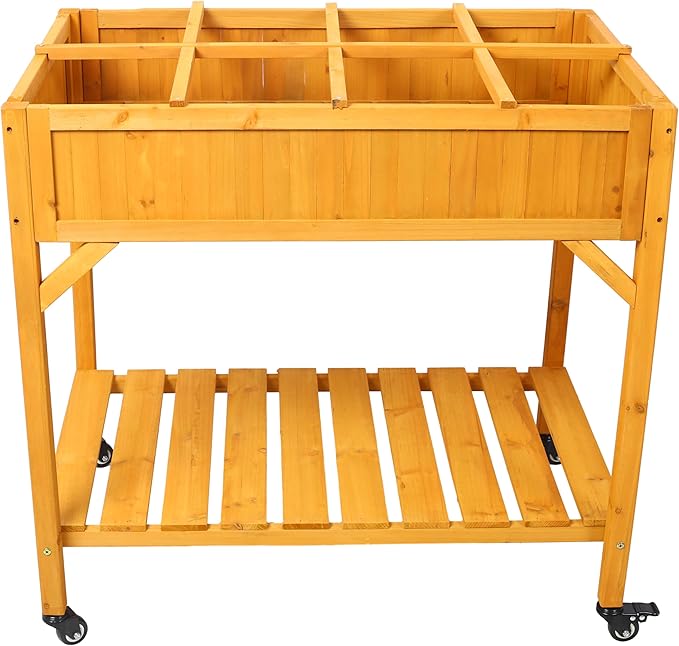 Elevated 8 Pocket Herb Garden Bed Mobile Raised Customizable Wood Planter for Herbs Vegetables Flowers w/Lockable Wheels Storage Shelf Drainage Holes (with Wheels)