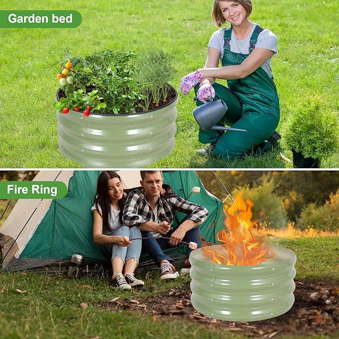 Galvanized Raised Garden Bed- 2Pcs 2x2x1FT Metal Planter Boxes Outdoor | Round Steel Raised Bed Kit &amp Fire Pit Ring for Gardening with Protective Tape Gloves for Vegetables Flower (Green)