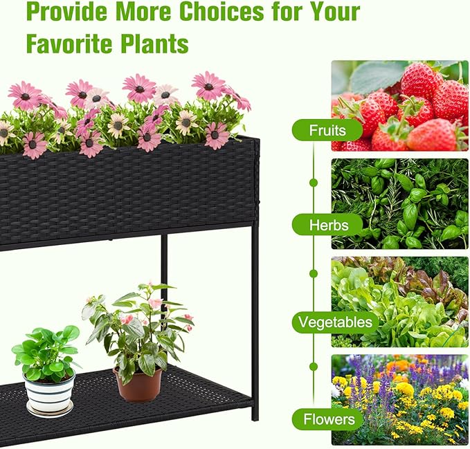 Kinsuite Rattan Raised Bed Planter - Elevated Wicker Planter Box with Tool Storage Shelf Garden Bed for Herbs Vegetables Flowers for Outdoor Indoor Black