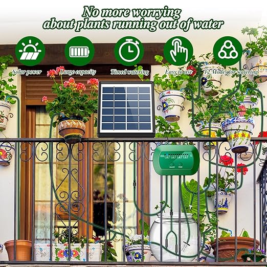 Solar Automatic Watering Kit for Garden Automatic Drip Watering System with 15 m Watering Hose Automatic Watering Timer for Holidays Balconies Flower Pots Plants