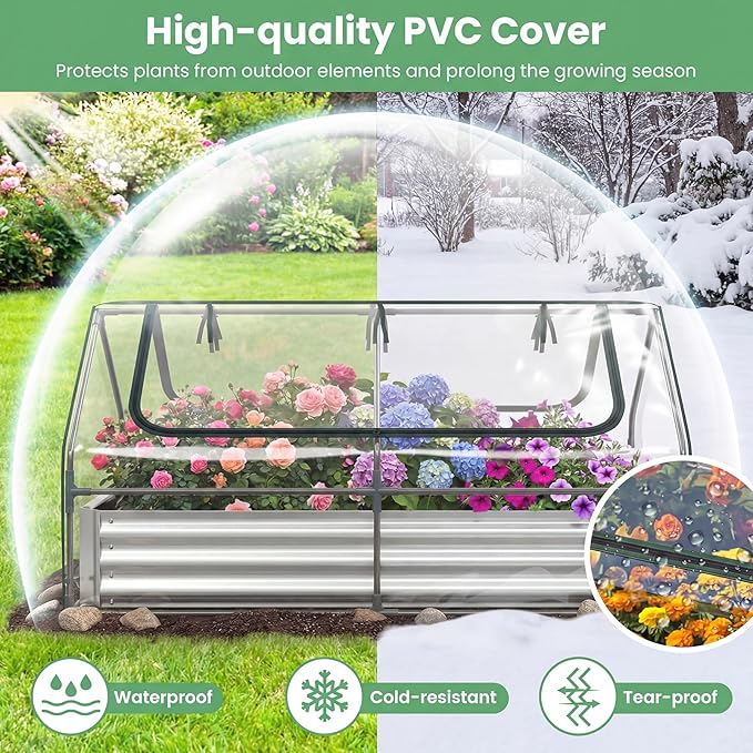 Happygrill Raised Garden Bed with Cover Galvanized Planter Boxes Outdoor w/Mini Greenhouse 2 Roll-up Windows &amp Open-Ended Base Metal Growing Raised Bed for Vegetables (Silver 72” x 36” x 37”)