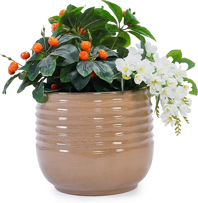 Handmade Glazed Ceramic Planter Set of 3 15118 Inch Diameter Horizontal Ribbed Texture for Succulents Cacti Outdoor Indoor Staircase Use Breathable Clay with Drainage Holes Beige