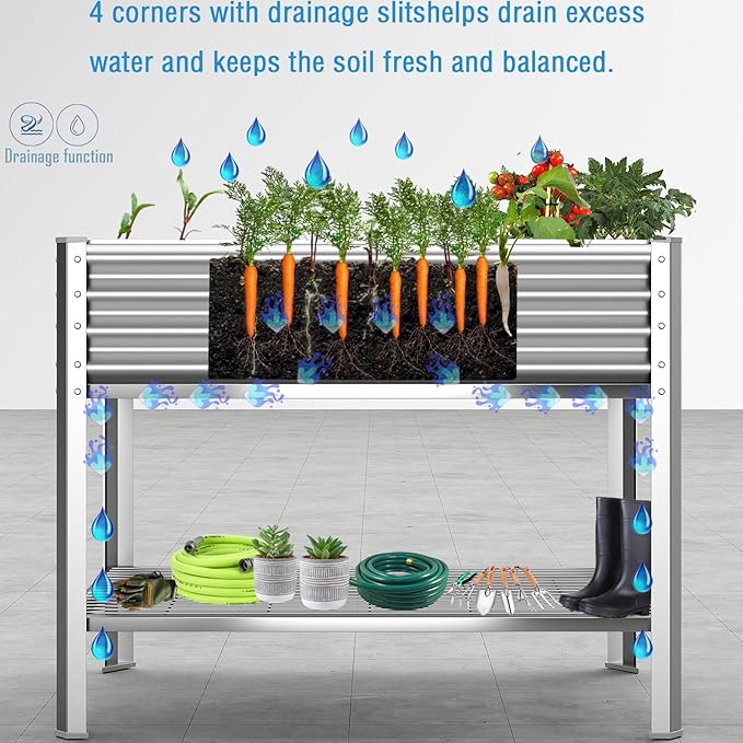 Raised Garden Bed with Legs Galvanized Raised Planter Box with Storage Shelf and Drainage Holes 48×24×32 Inch Large Metal Garden Bed Kit for Balcony Backyard Patio Lasts for Years of Use.