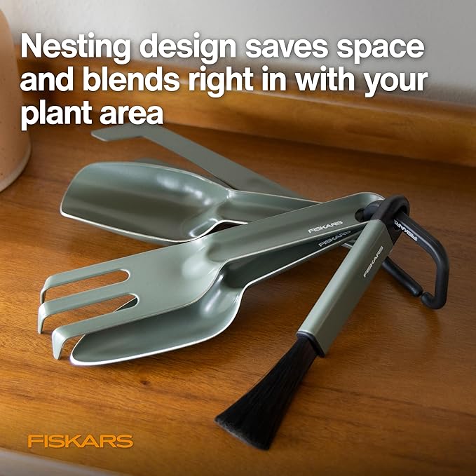 Fiskars 5-Piece Cultivating Tool Set Nesting Trowel Soil Scoop Cultivator Tongs &amp Brush for Indoor Gardening Stainless Steel with Powder Coat Finish Space Saving Design Black