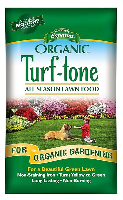 Espoma Turf-Tone All Season Organic Lawn Food with Iron &amp Exclusive Bio-Tone Formula - Slow Release Long Lasting Feeding for All Lawns - Granular Lawn Fertilizer for All Seasons - Made in USA 28