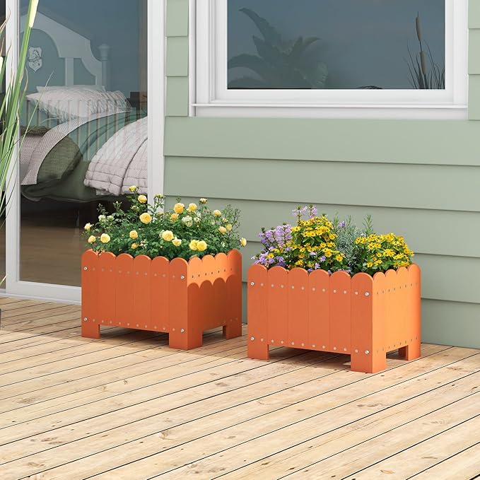 Giantex 2 Pack Raised Garden Bed Weather-resistant HDPE Planter Boxes with Drain Gaps Rectangular Flower Pots for Vegetable Flower Fruit Plant Raised Beds for Front Porch Garden Balcony Orange