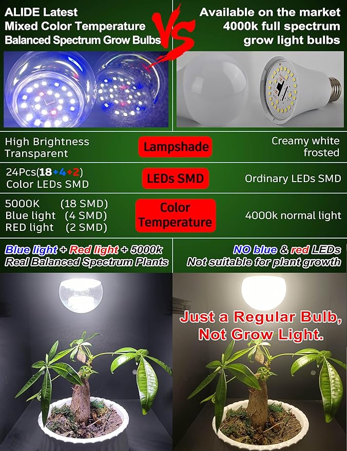 Grow Light Bulbs E12 Candelabra Small Screw Base for Indoor Plants Full SpectrumGrow LED Light Bulb 10W with Balanced Spectrum 5000K Blue Red for Seeds Greens LaboratorySchoolGreenhouse Garden6Pcs