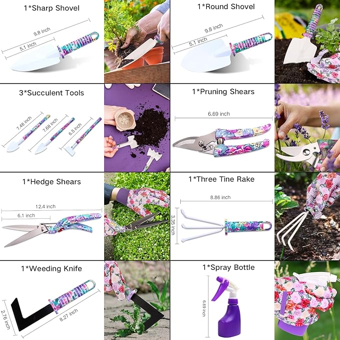 Garden Tools Set JUMPHIGH 10 Pieces Gardening Tools with Floral Print Ergonomic Handle Trowel Rake Weeder Pruner Shears Sprayer Garden Hand Tools with Carrying Case Gardening Gifts for Women Father